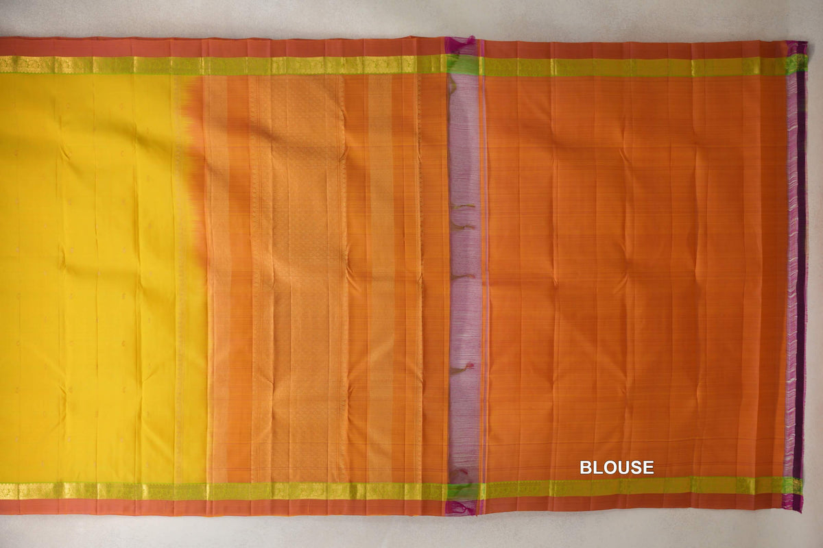 Lemon Yellow with Bright Parrot Green with Dual Tone of Pink and Yellow Selvedge Borders Vintage Kanjivaram Silk Saree blouse