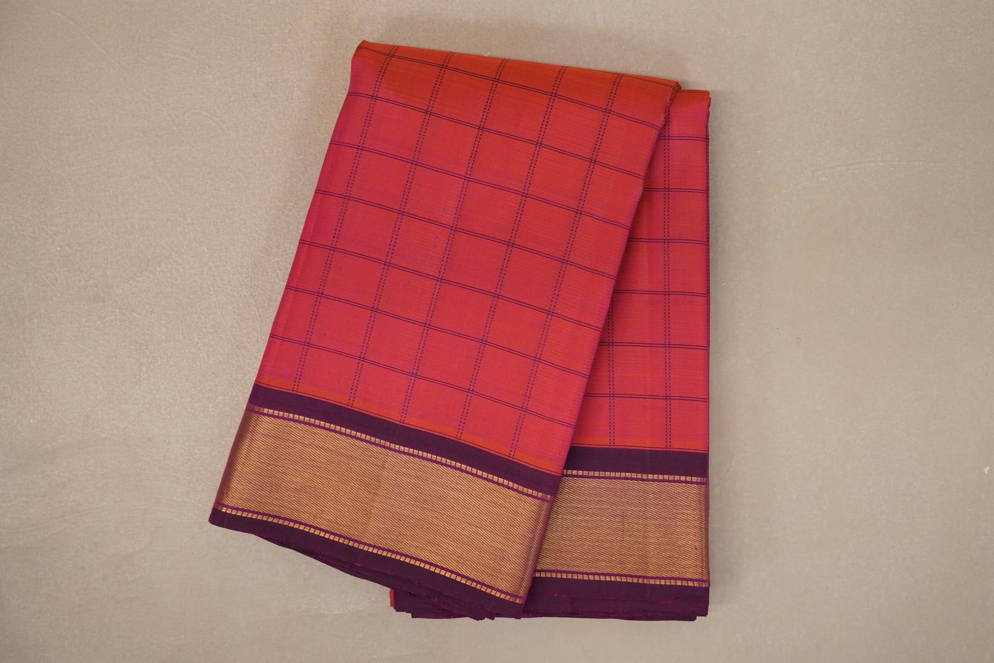 Orangish Pink with Deep Magenta Borders Vintage Kanjivaram Silk Saree