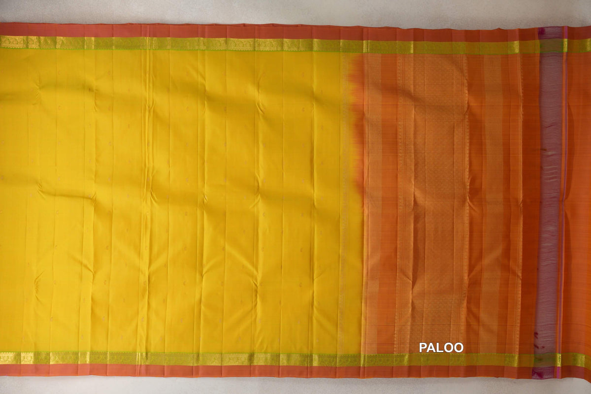 Lemon Yellow with Bright Parrot Green with Dual Tone of Pink and Yellow Selvedge Borders Vintage Kanjivaram Silk Saree paloo