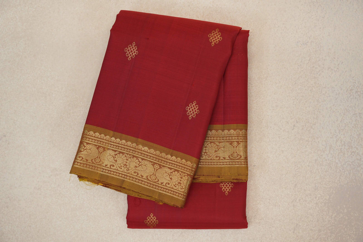 Deep Red with Oil Mustard Borders Vintage Kanjivaram Silk Saree
