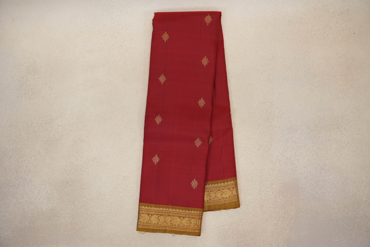 Online Deep Red with Oil Mustard Borders Vintage Kanjivaram Silk Saree