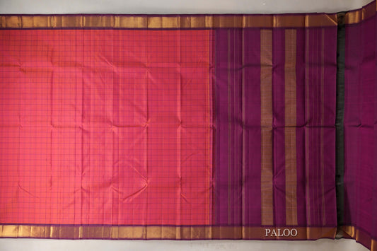Orangish Pink with Deep Magenta Borders Vintage Kanjivaram Silk Saree paloo