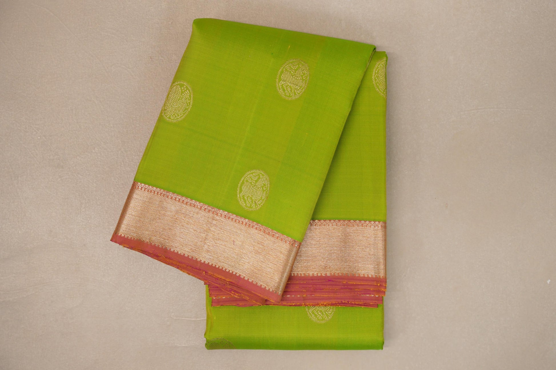 Parrot Green with Dual Tone of Pink and Yellow Borders Vintage Kanjivaram Silk Saree