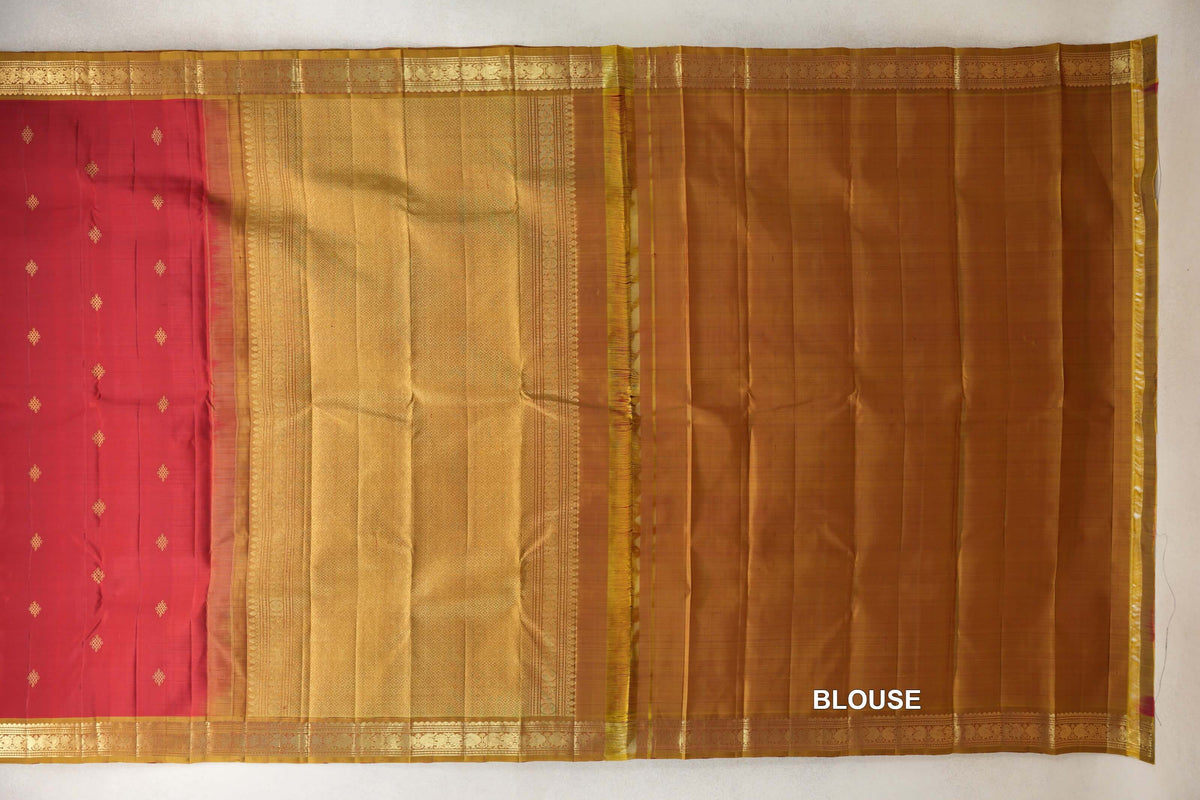 Deep Red with Oil Mustard Borders Vintage Kanjivaram Silk Saree blouse