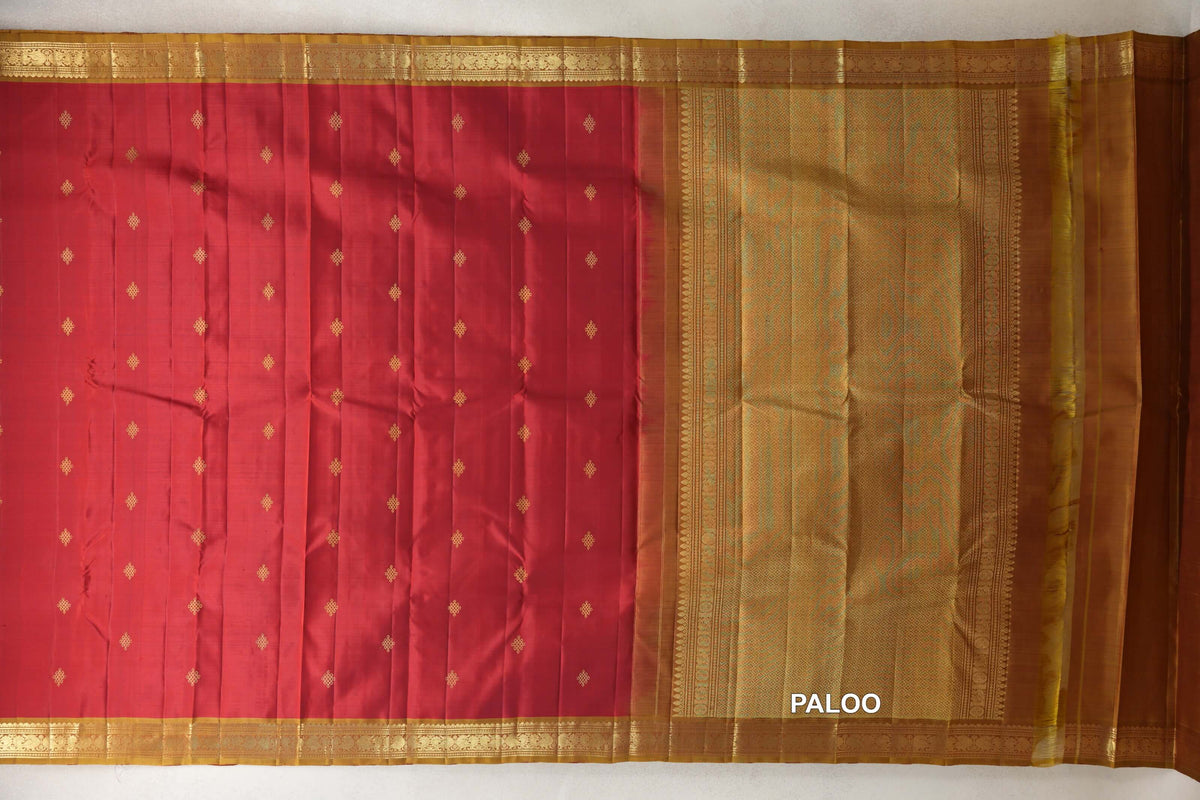 Deep Red with Oil Mustard Borders Vintage Kanjivaram Silk Saree paloo
