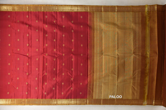 Deep Red with Oil Mustard Borders Vintage Kanjivaram Silk Saree paloo