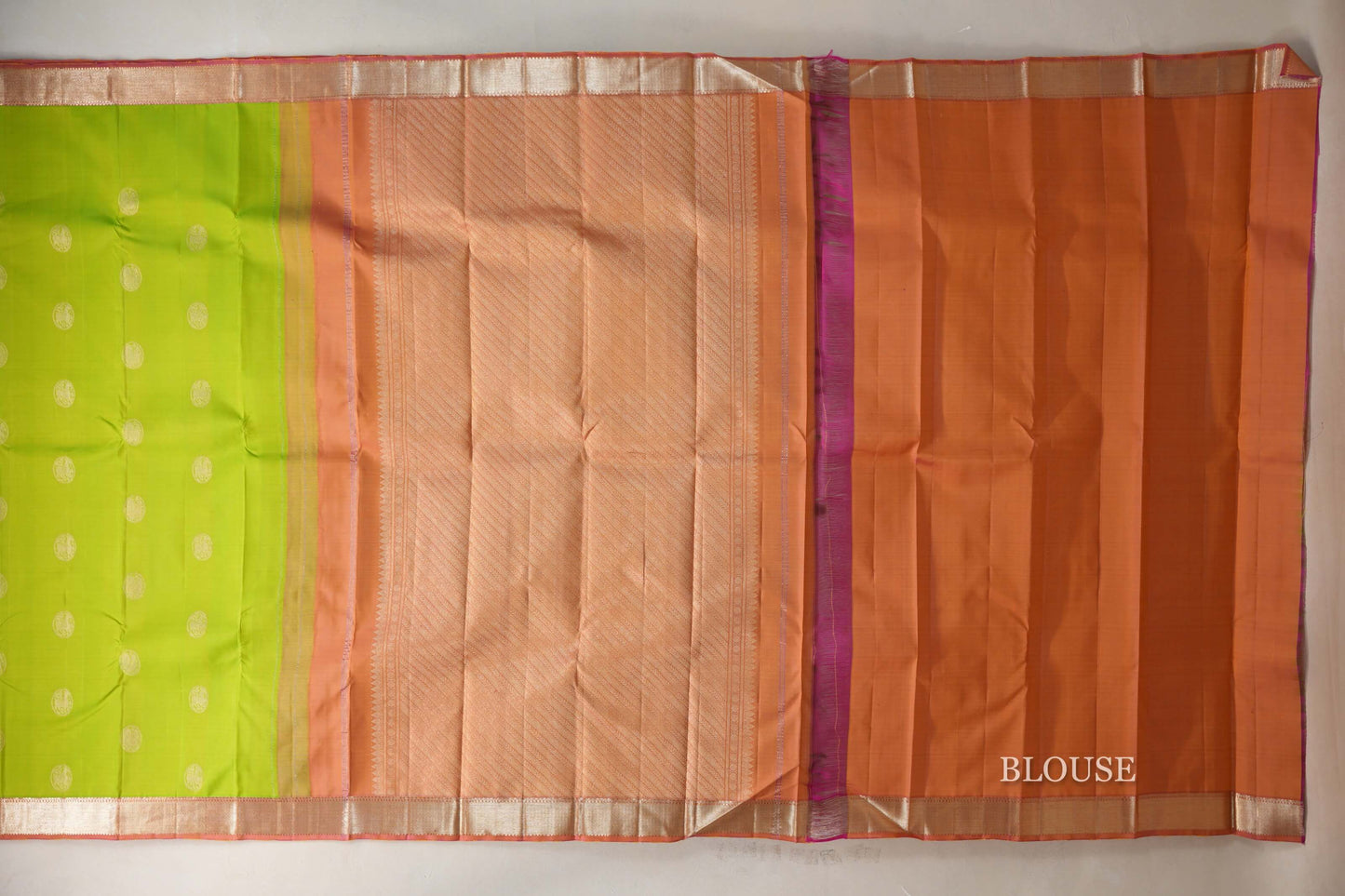 Parrot Green with Dual Tone of Pink and Yellow Borders Vintage Kanjivaram Silk Saree blouse