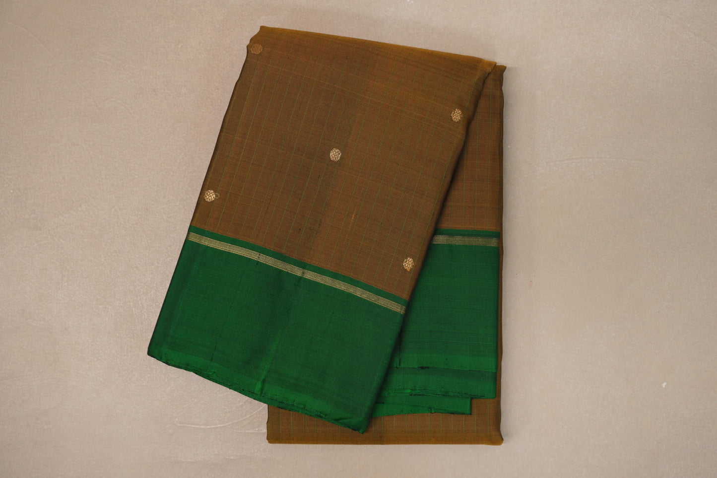 Olive Green/Brown with Leaf Green Borders Vintage Kanjivaram Silk Saree