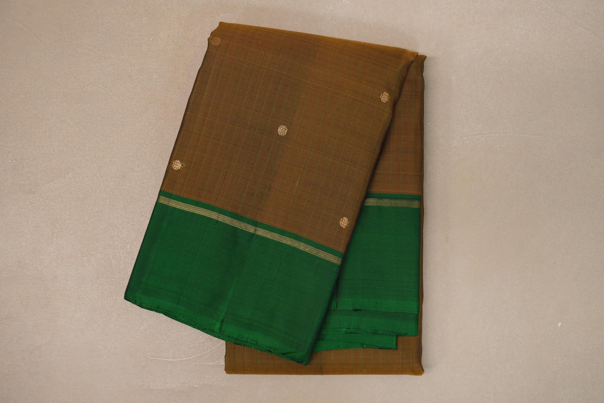 Olive Green/Brown with Leaf Green Borders Vintage Kanjivaram Silk Saree