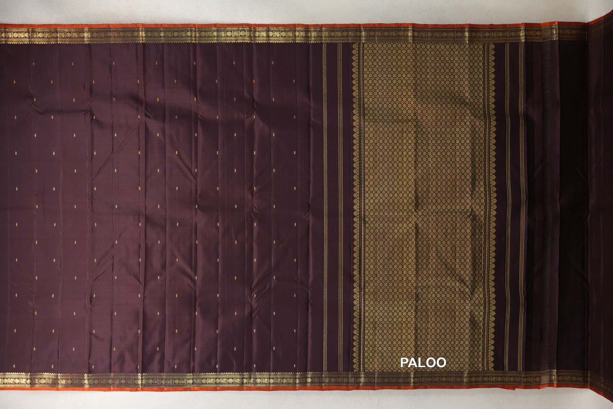 Deep Plum Brown Vintage Kanjivaram Silk Saree paloo