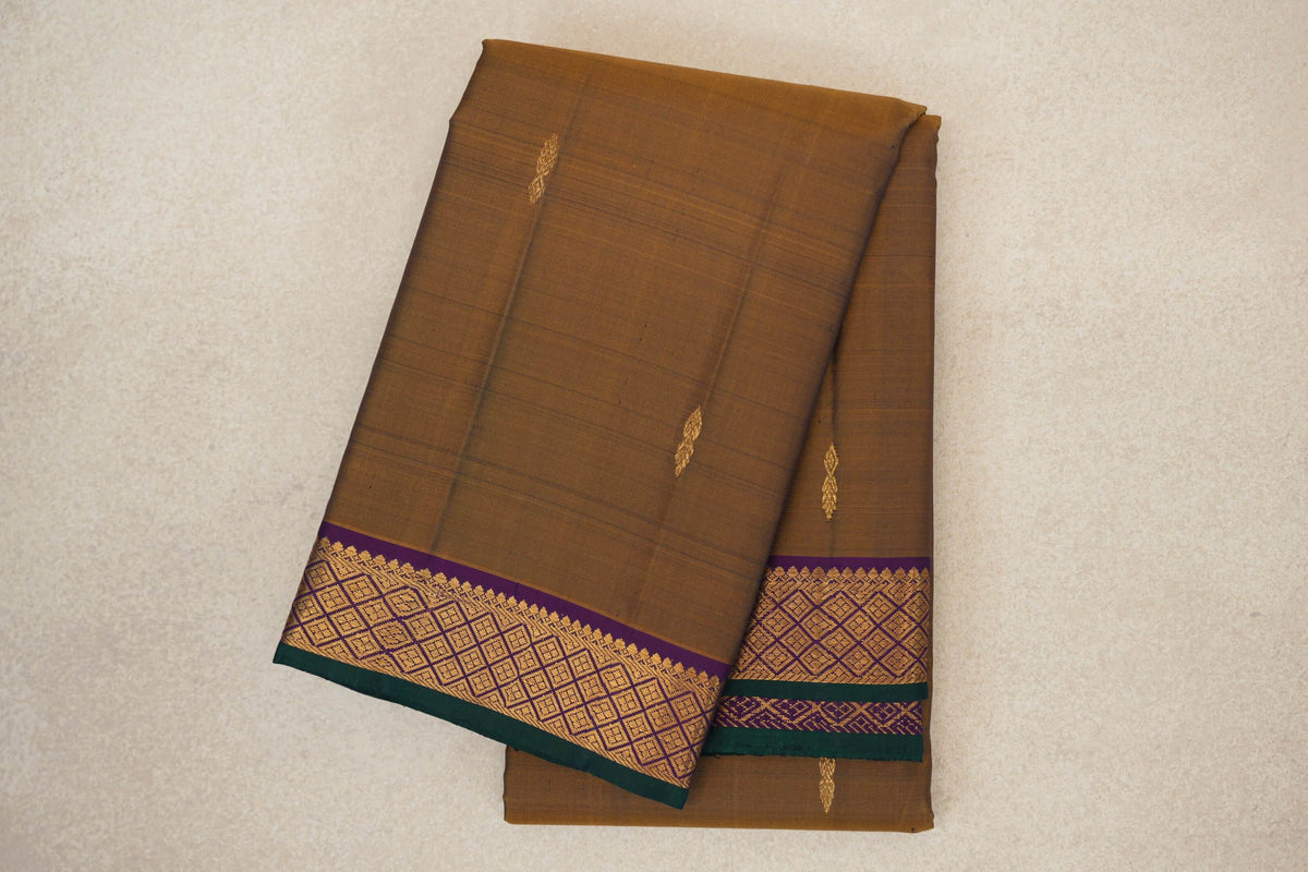 Mustard Oil with Deep Purple with Peacock Green Selvedge Borders Vintage Kanjivaram Silk Saree