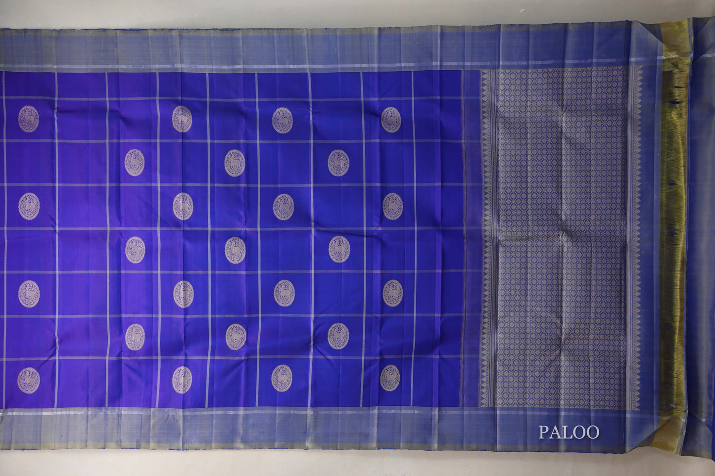 Dual Tone of Violet and Blue with Dual Tone of Blue and Elaichi Borders Vintage Kanjivaram Silk Saree paloo
