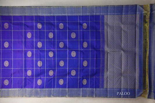 Dual Tone of Violet and Blue with Dual Tone of Blue and Elaichi Borders Vintage Kanjivaram Silk Saree paloo
