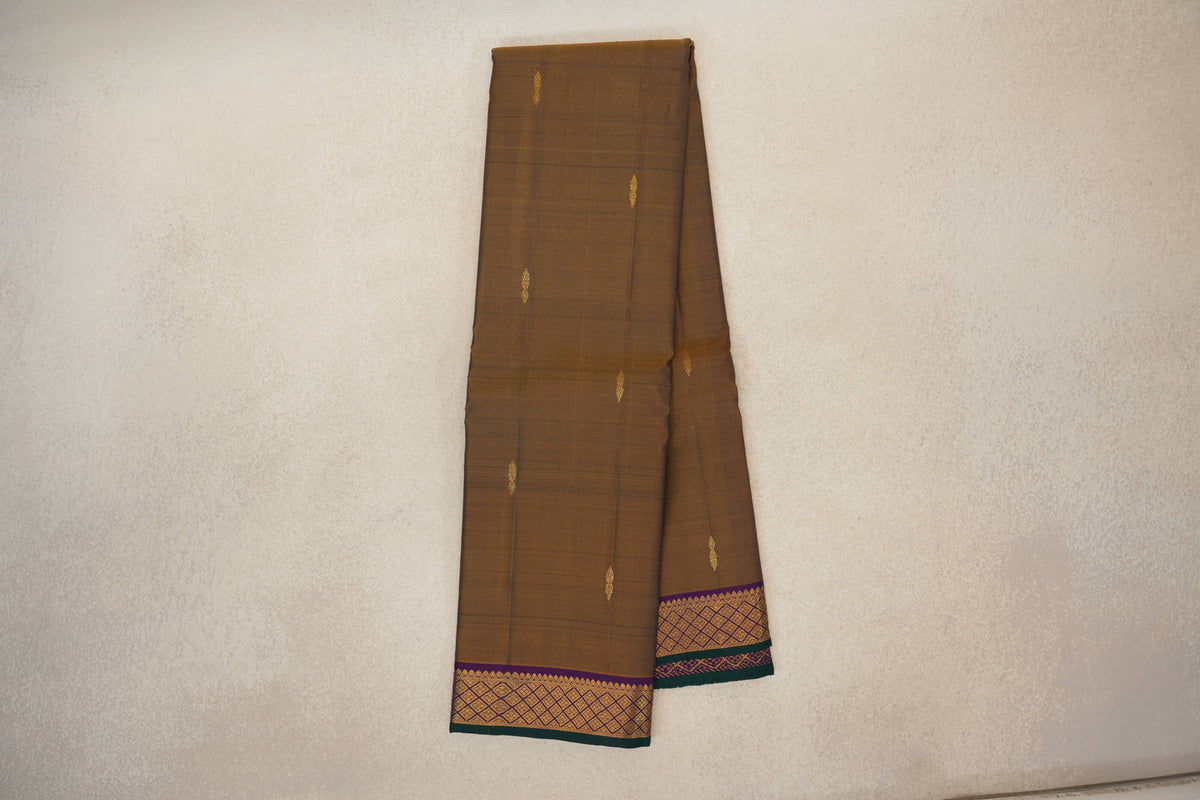 Online Mustard Oil with Deep Purple with Peacock Green Selvedge Borders Vintage Kanjivaram Silk Saree