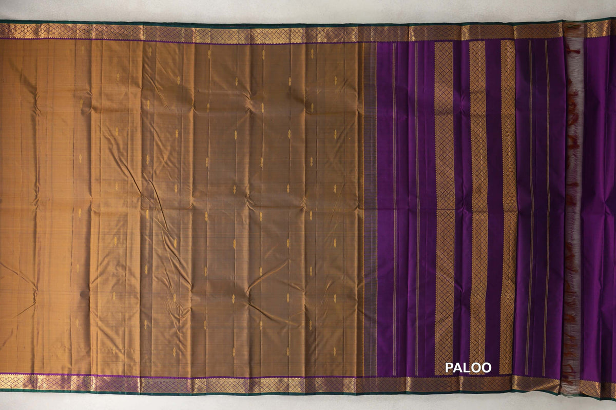 Mustard Oil with Deep Purple with Peacock Green Selvedge Borders Vintage Kanjivaram Silk Saree paloo