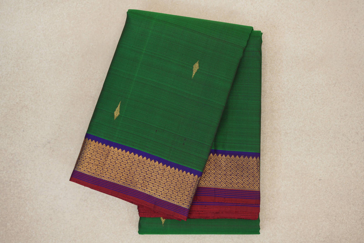 Forest Green with Deep Violet with Deep Red Selvedge Borders Vintage Kanjivaram Silk Saree
