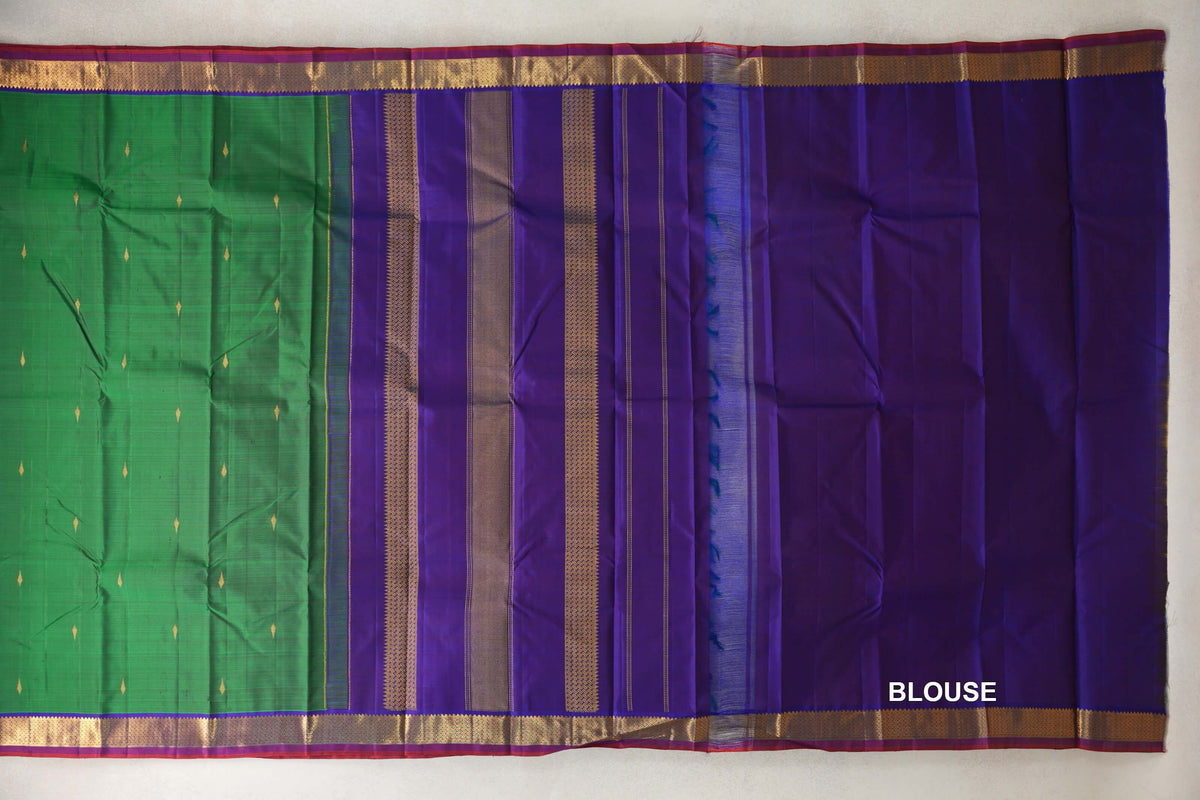 Forest Green with Deep Violet with Deep Red Selvedge Borders Vintage Kanjivaram Silk Saree blouse