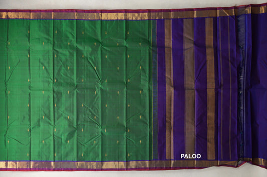 Forest Green with Deep Violet with Deep Red Selvedge Borders Vintage Kanjivaram Silk Saree paloo