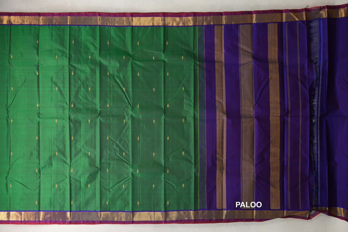 Forest Green with Deep Violet with Deep Red Selvedge Borders Vintage Kanjivaram Silk Saree paloo
