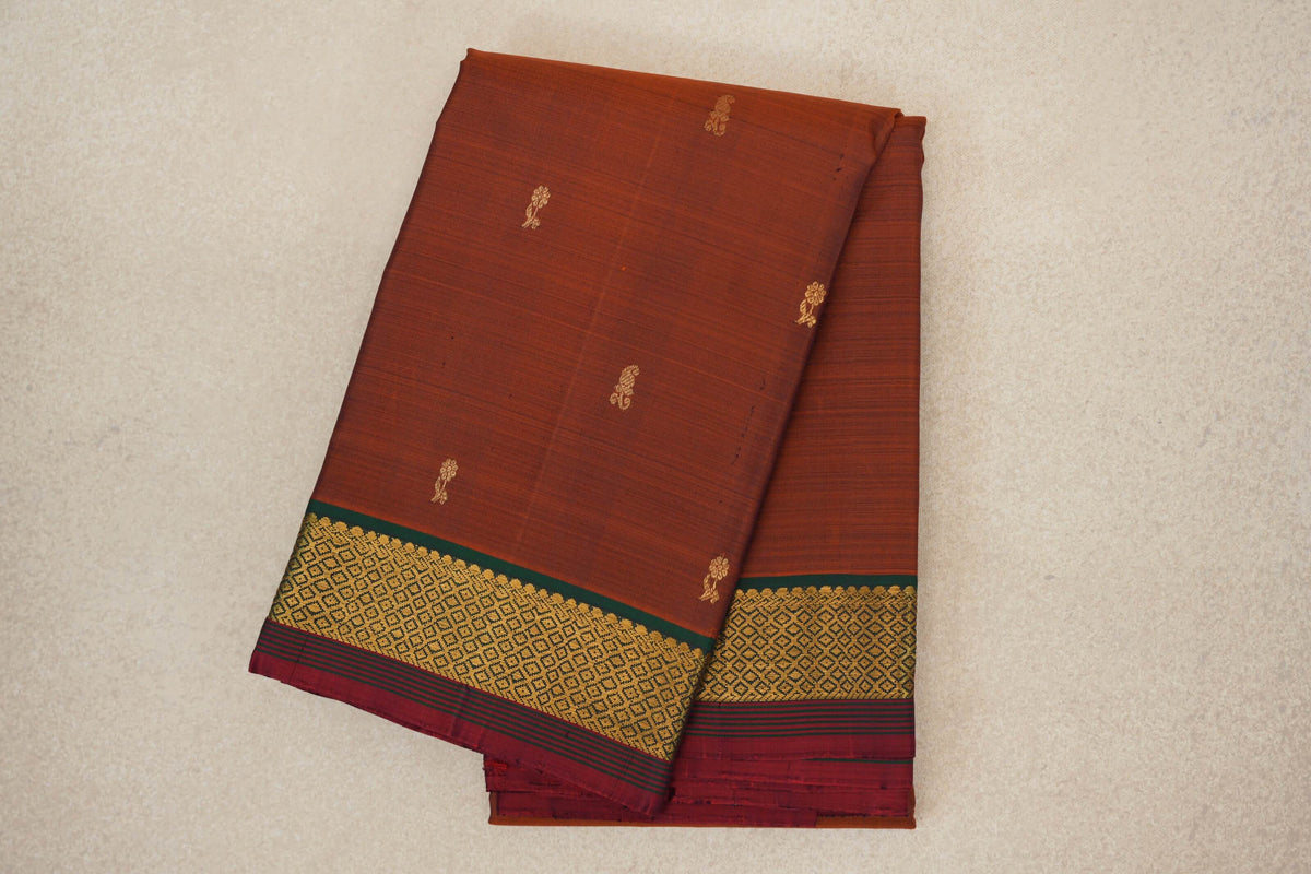 Rust Orange with Dark Bottle Green with Deep Red Selvedge Borders Vintage Kanjivaram Silk Saree