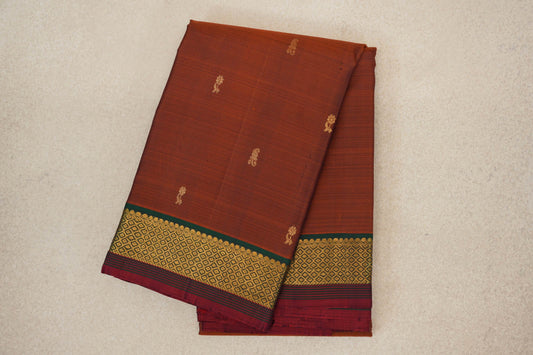 Rust Orange with Dark Bottle Green with Deep Red Selvedge Borders Vintage Kanjivaram Silk Saree