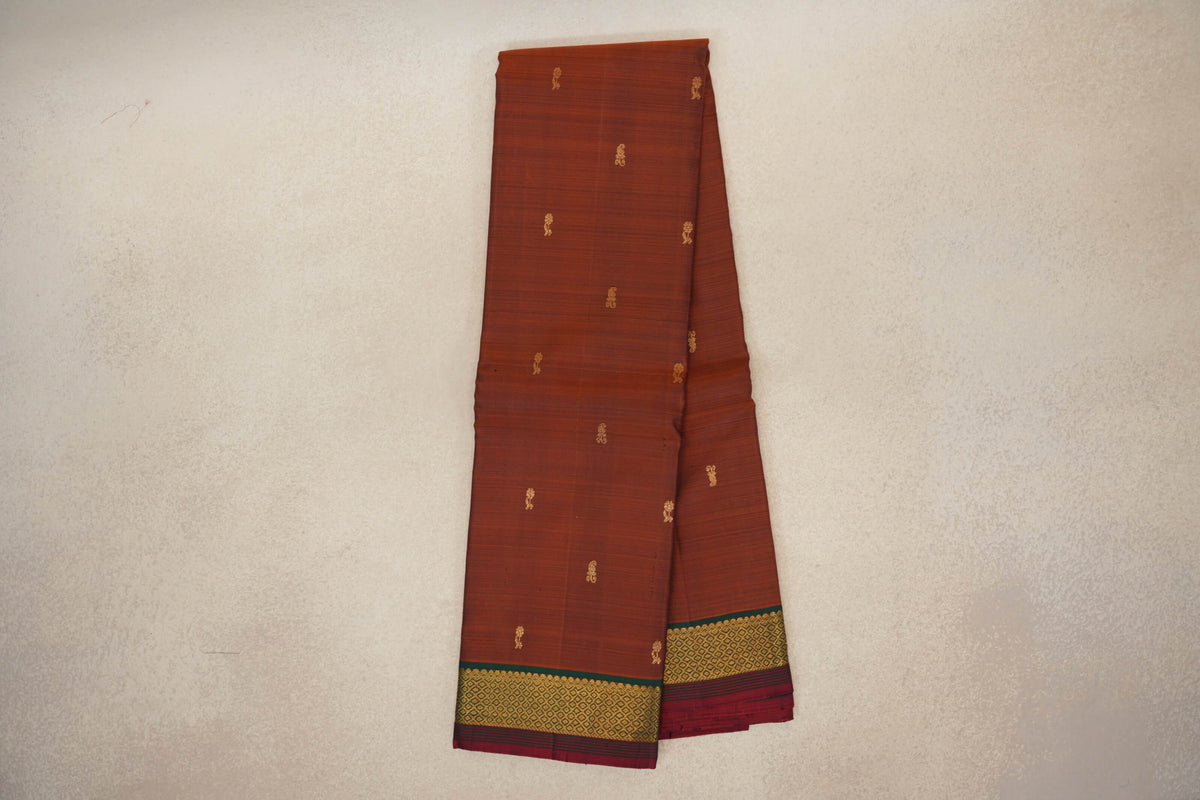Online Rust Orange with Dark Bottle Green with Deep Red Selvedge Borders Vintage Kanjivaram Silk Saree