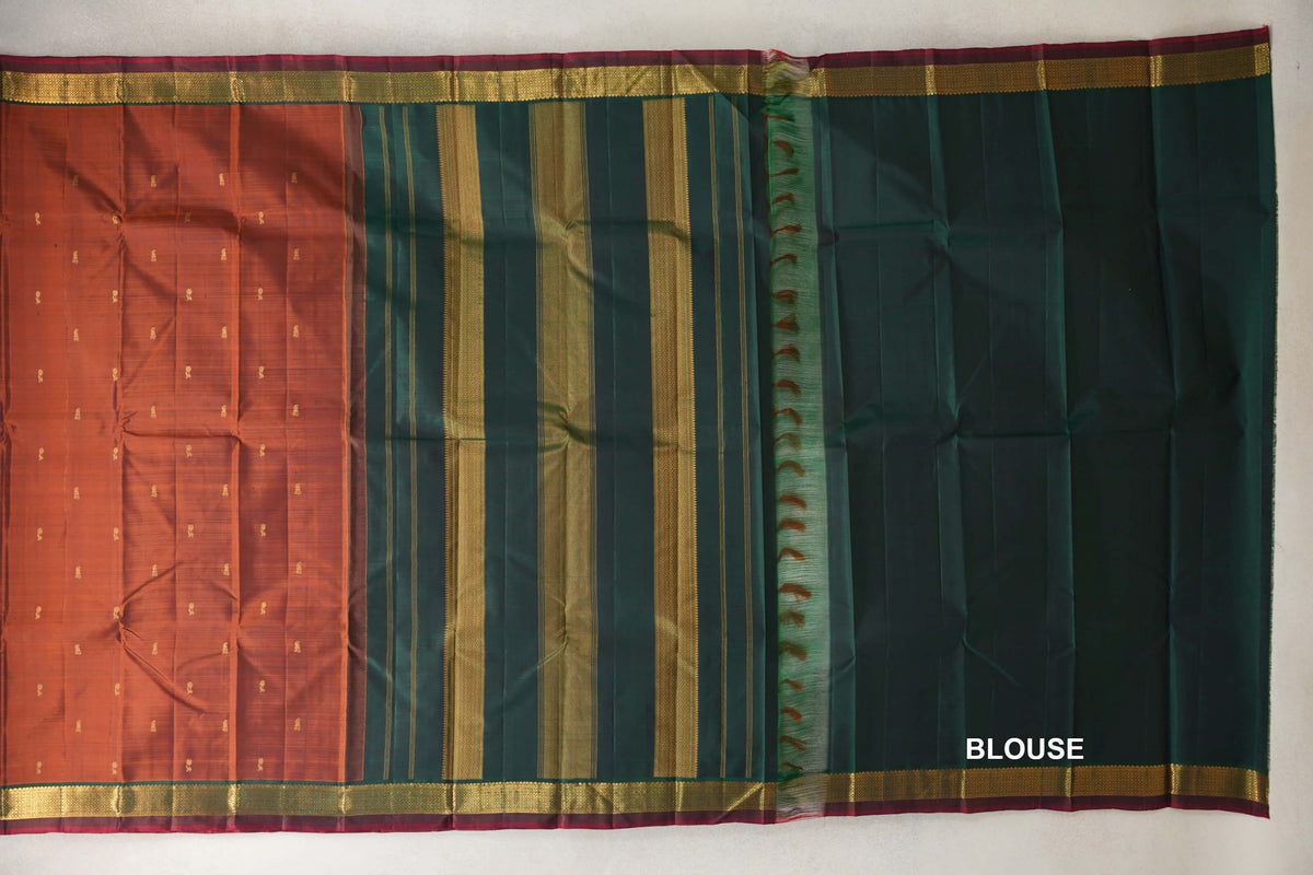 Rust Orange with Dark Bottle Green with Deep Red Selvedge Borders Vintage Kanjivaram Silk Saree blouse