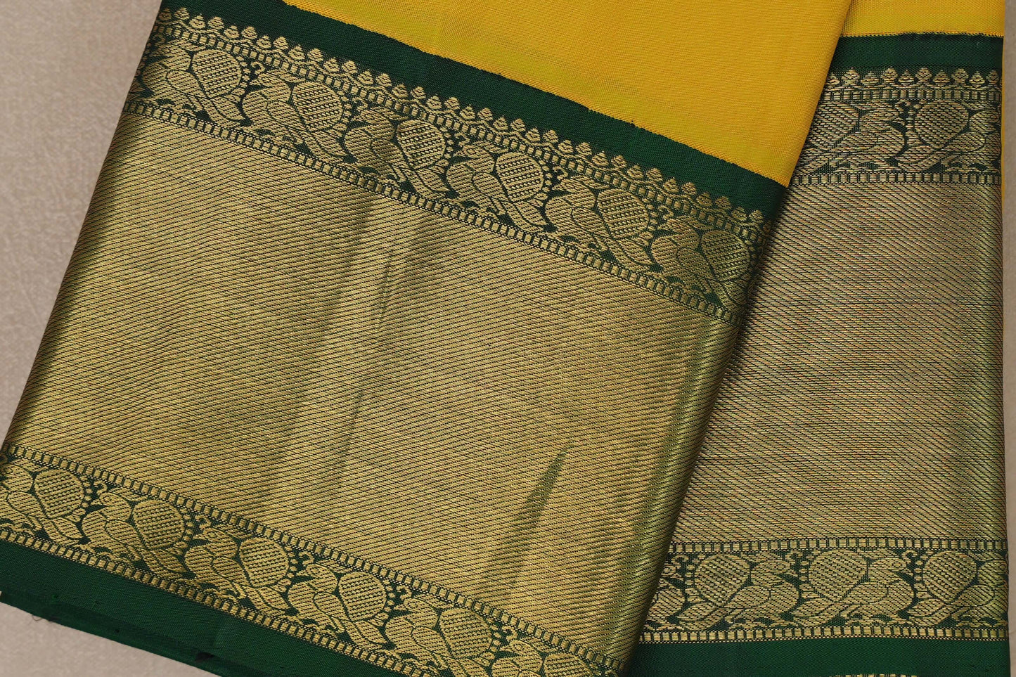 Bright yellow with Bottle Green borders Vintage Kanjivaram Silk Saree SS9375