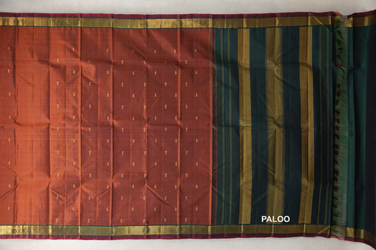 Rust Orange with Dark Bottle Green with Deep Red Selvedge Borders Vintage Kanjivaram Silk Saree paloo