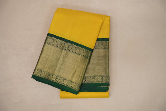 Bright yellow with Bottle Green borders Vintage Kanjivaram Silk Saree SS9375