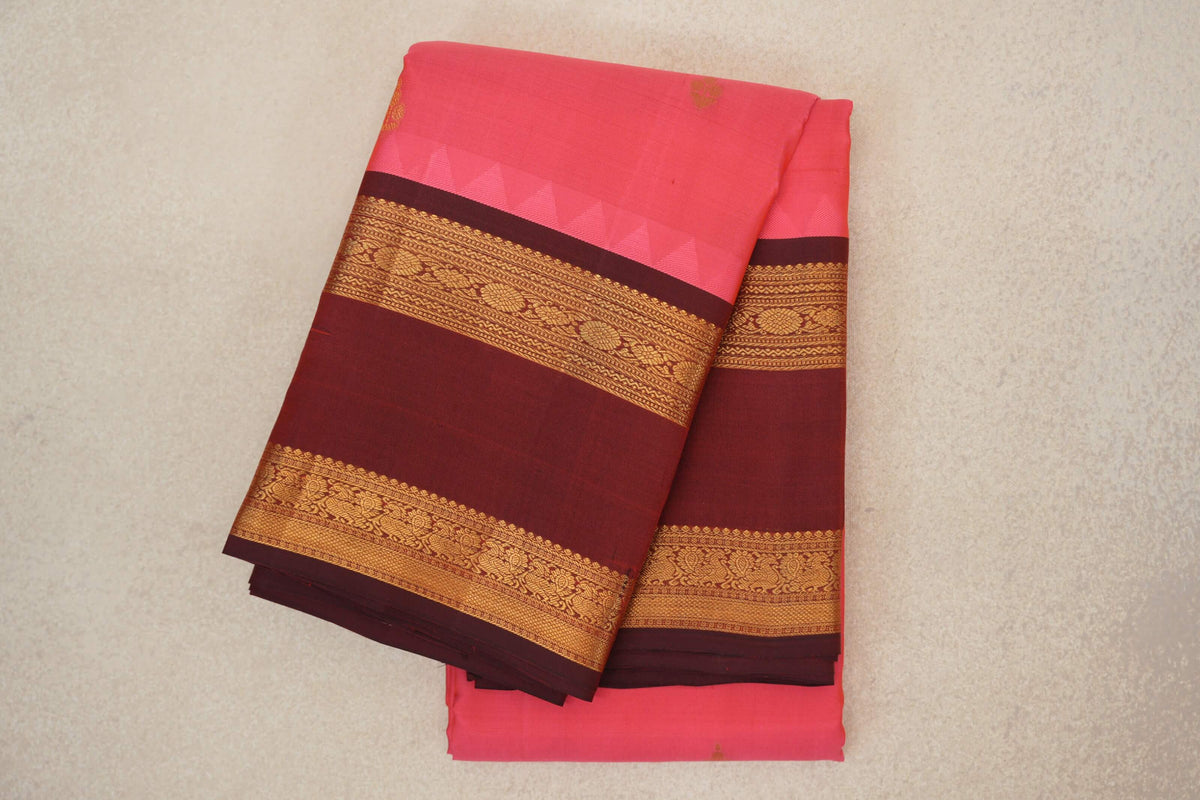 Coral Pink with Deep Maroon Rettai Pettu Borders Light Weight Kanjivaram Silk Saree 