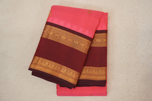 Coral Pink with Deep Maroon Rettai Pettu Borders Light Weight Kanjivaram Silk Saree 
