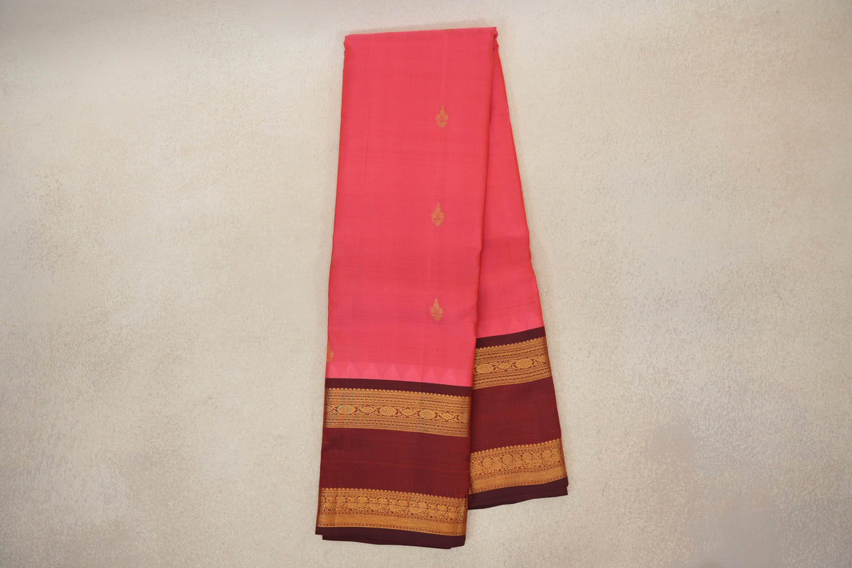 Online Coral Pink with Deep Maroon Rettai Pettu Borders Light Weight Kanjivaram Silk Saree 
