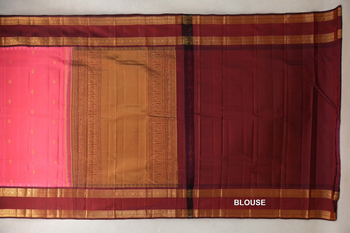 Coral Pink with Deep Maroon Rettai Pettu Borders Light Weight Kanjivaram Silk Saree blouse