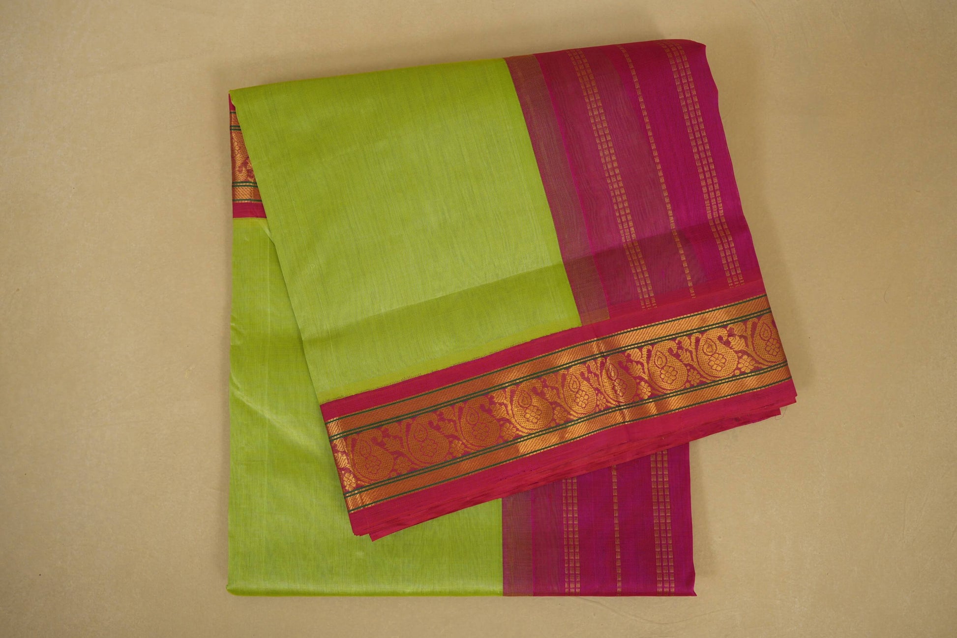 Folded Pista Green with Pink Borders Silk Cotton Saree