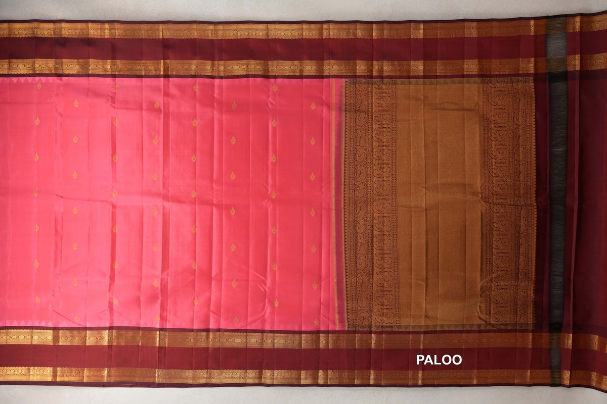 Coral Pink with Deep Maroon Rettai Pettu Borders Light Weight Kanjivaram Silk Saree paloo
