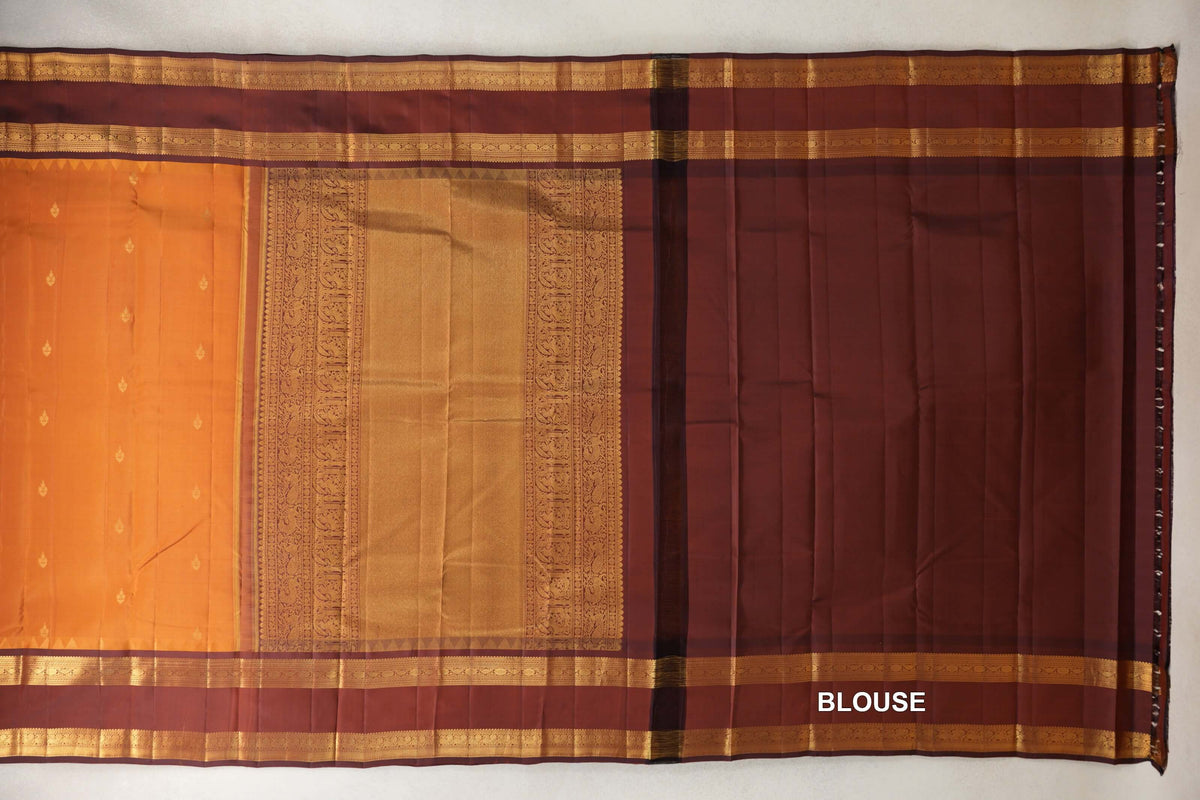 Light Brown with Deep Coffee Brown Rettai Pettu Borders Light Weight Kanjivaram Silk Saree blouse