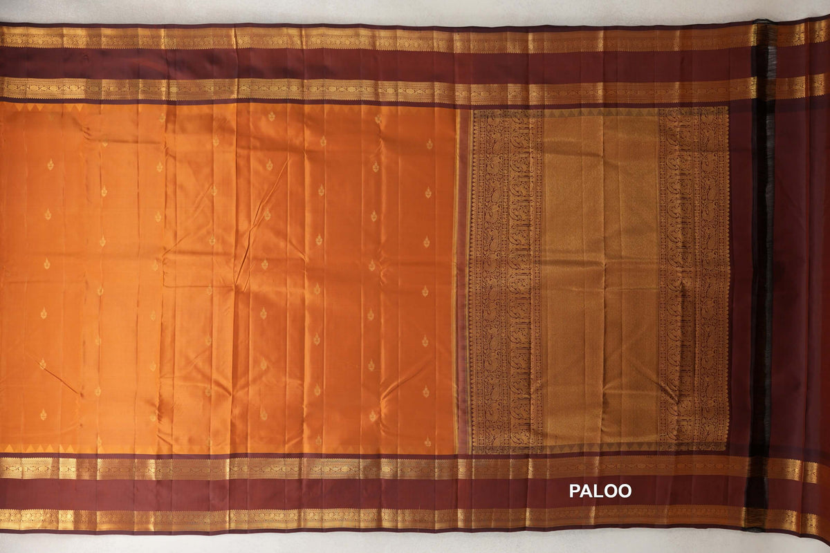 Light Brown with Deep Coffee Brown Rettai Pettu Borders Light Weight Kanjivaram Silk Saree paloo