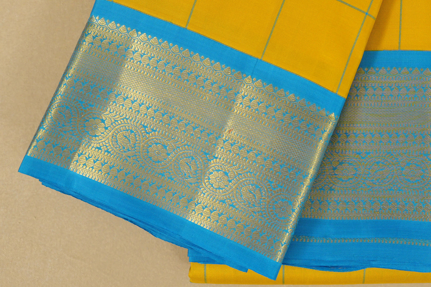 Lemon Yellow with Rama blue Borders Vintage Kanjivaram Silk Saree online