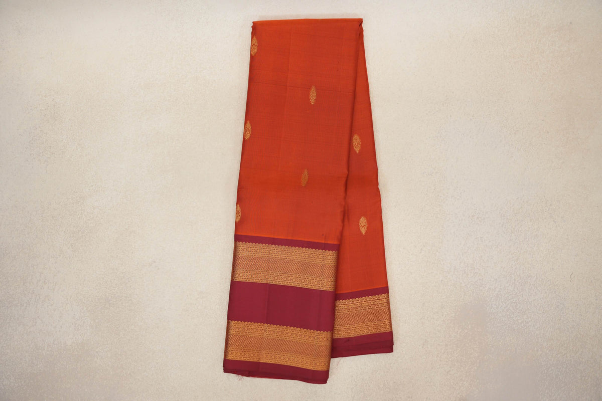 Online Rust Orange with Deep Reddish Maroon Rettai Pettu Borders Light Weight Kanjivaram Silk Saree