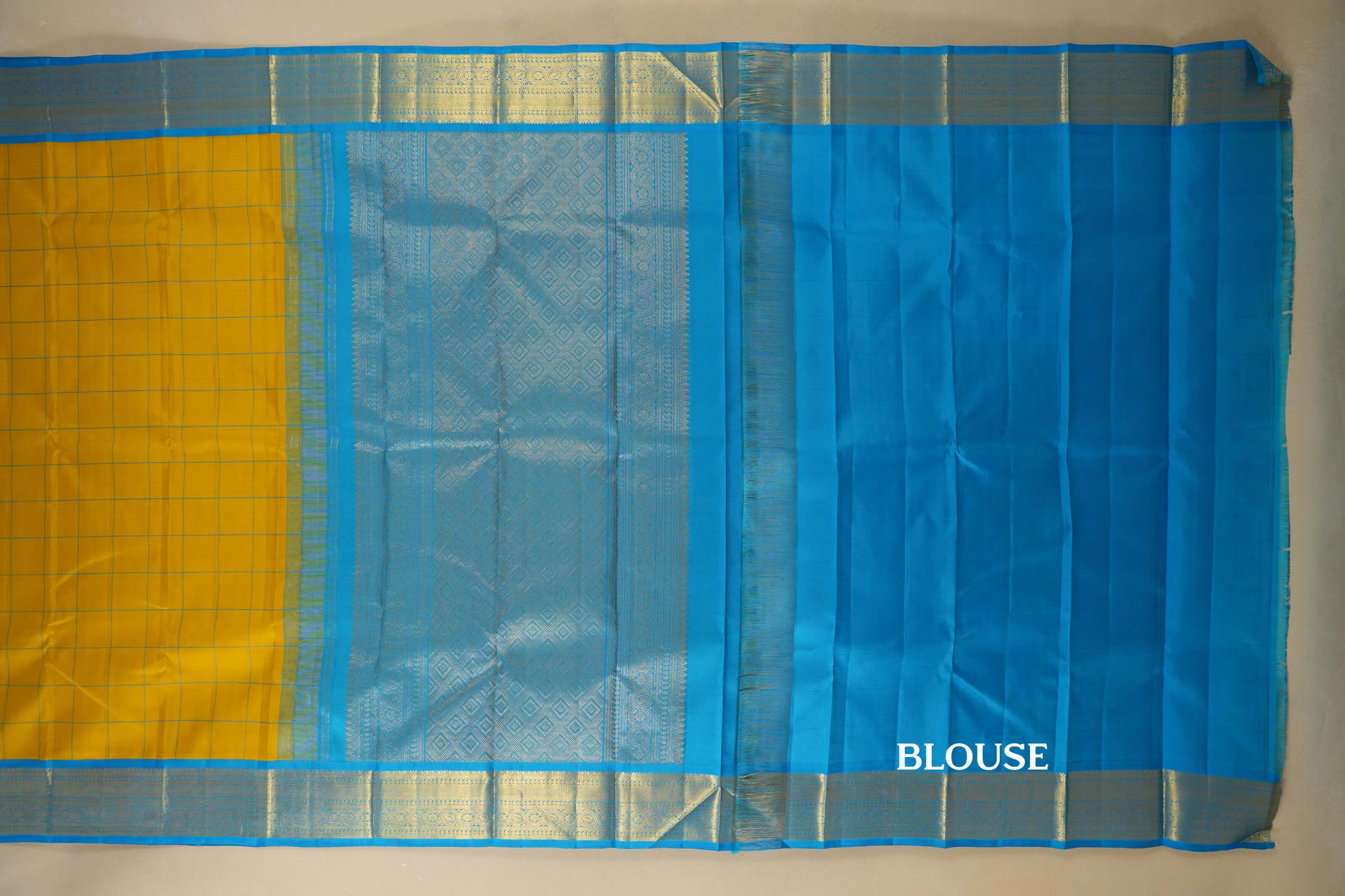 Lemon Yellow with Rama blue Borders Vintage Kanjivaram Silk Saree blouse