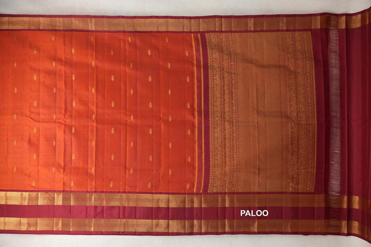 Rust Orange with Deep Reddish Maroon Rettai Pettu Borders Light Weight Kanjivaram Silk Saree paloo