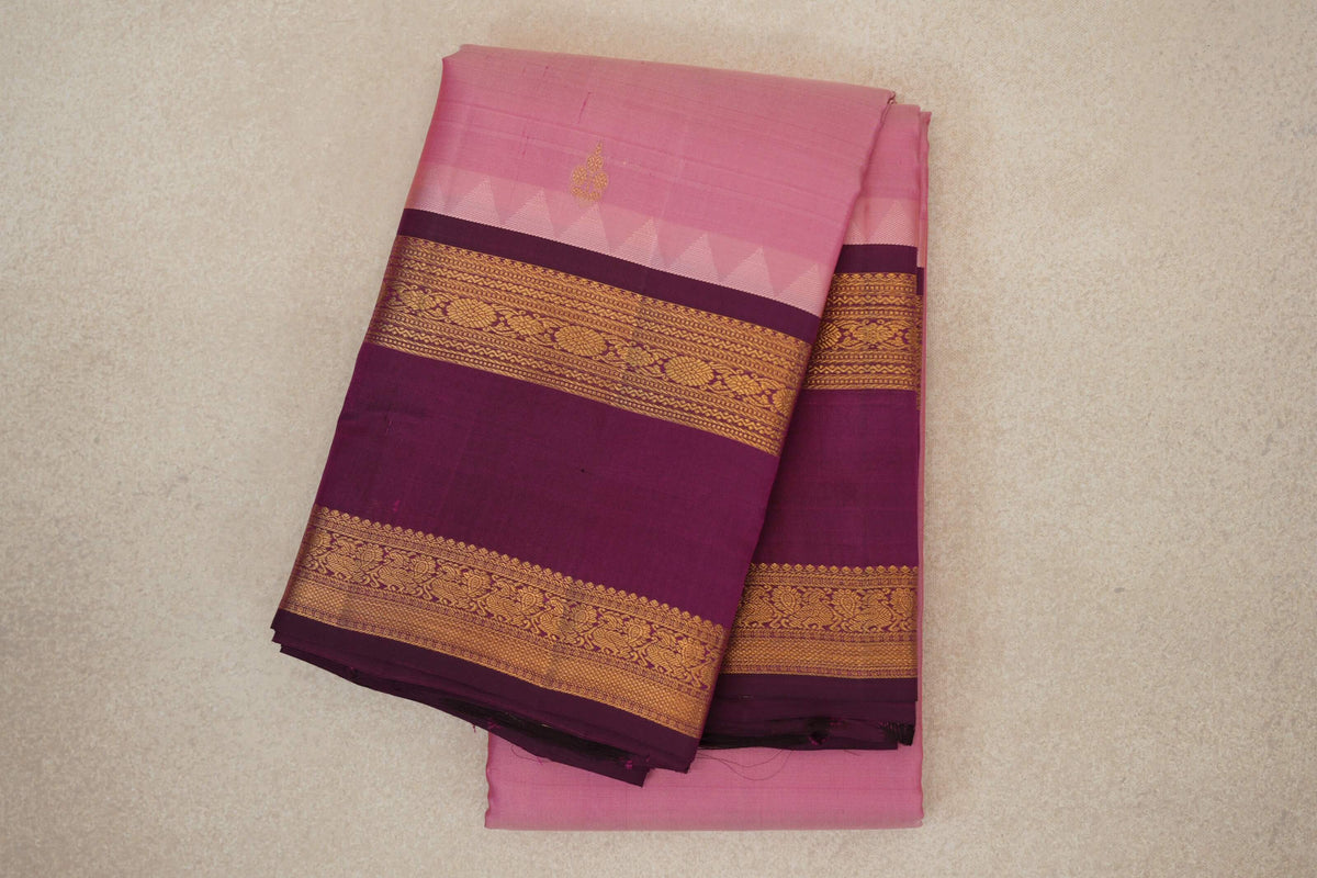 Light Rose Pink with Deep Magenta Rettai Pettu Borders Light Weight Kanjivaram Silk Saree 