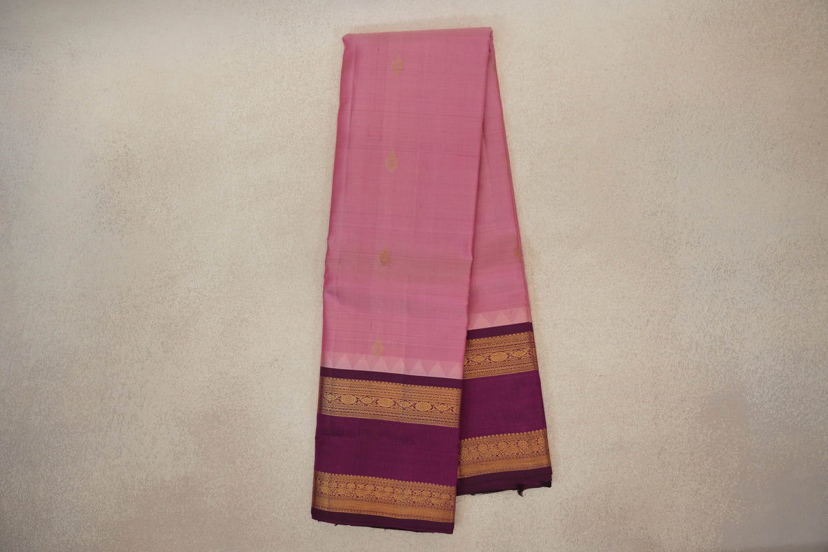 Online Light Rose Pink with Deep Magenta Rettai Pettu Borders Light Weight Kanjivaram Silk Saree 