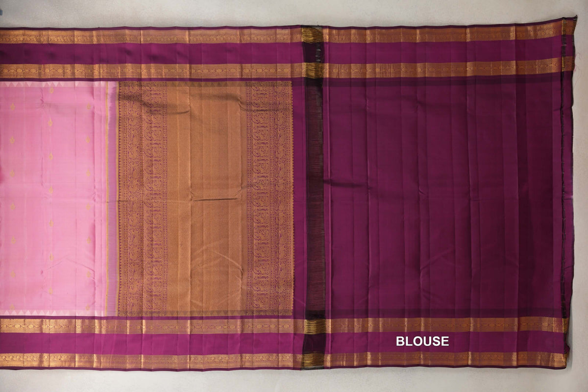 Light Rose Pink with Deep Magenta Rettai Pettu Borders Light Weight Kanjivaram Silk Saree blouse