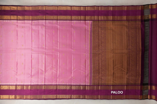 Light Rose Pink with Deep Magenta Rettai Pettu Borders Light Weight Kanjivaram Silk Saree paloo