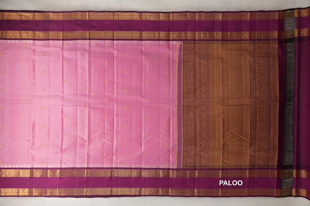 Light Rose Pink with Deep Magenta Rettai Pettu Borders Light Weight Kanjivaram Silk Saree paloo