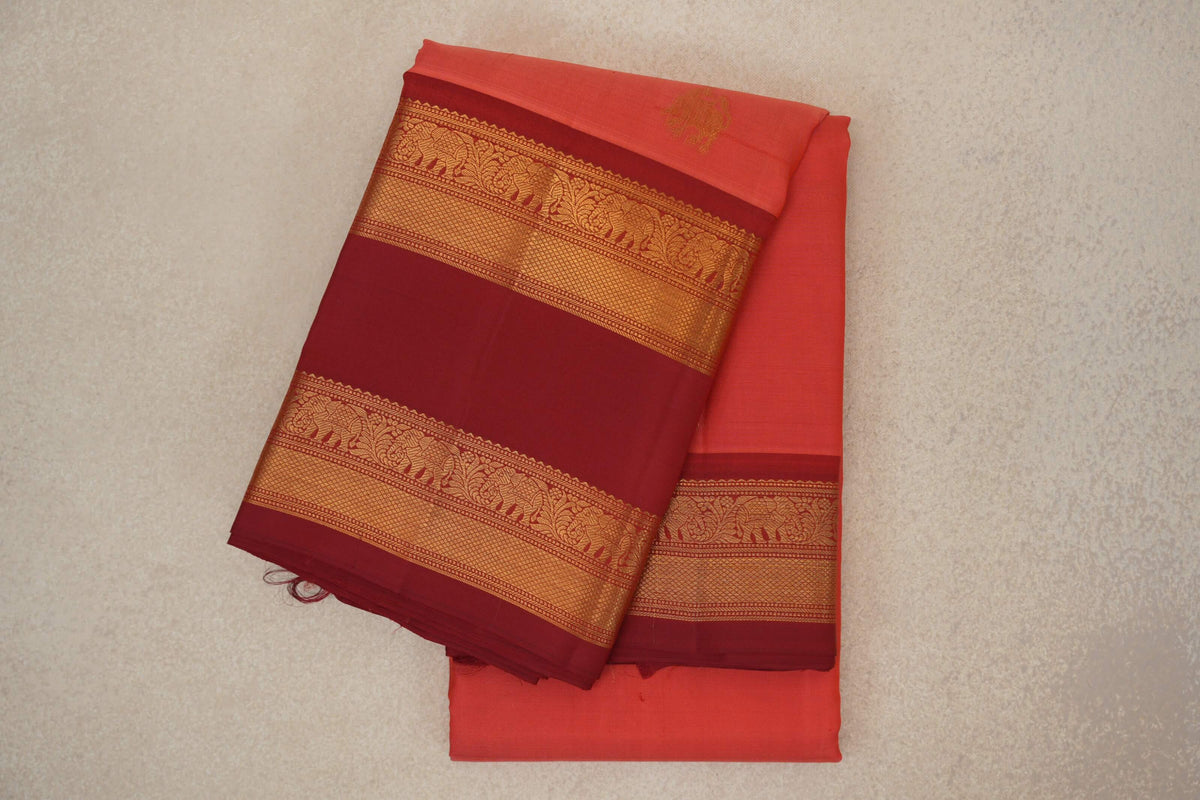 Peach Pink with Deep Red Rettai Pettu Borders Light Weight Kanjivaram Silk Saree