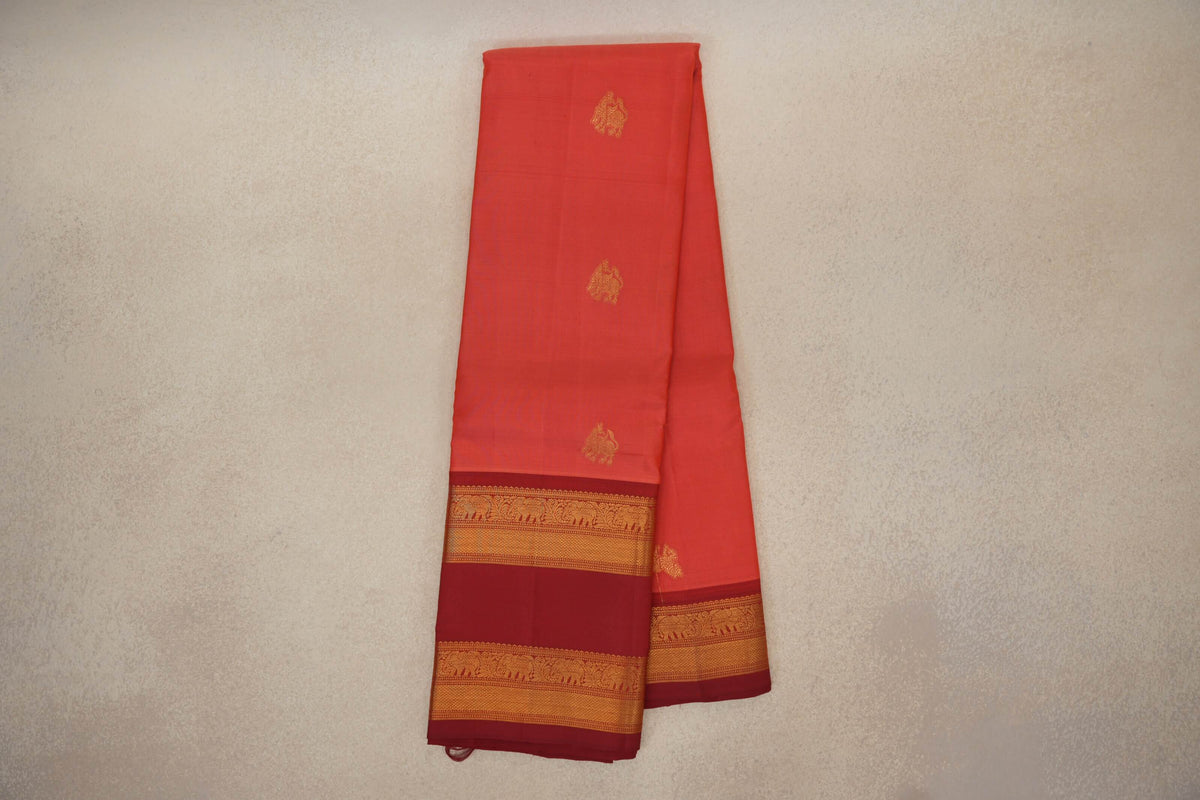 Online Peach Pink with Deep Red Rettai Pettu Borders Light Weight Kanjivaram Silk Saree