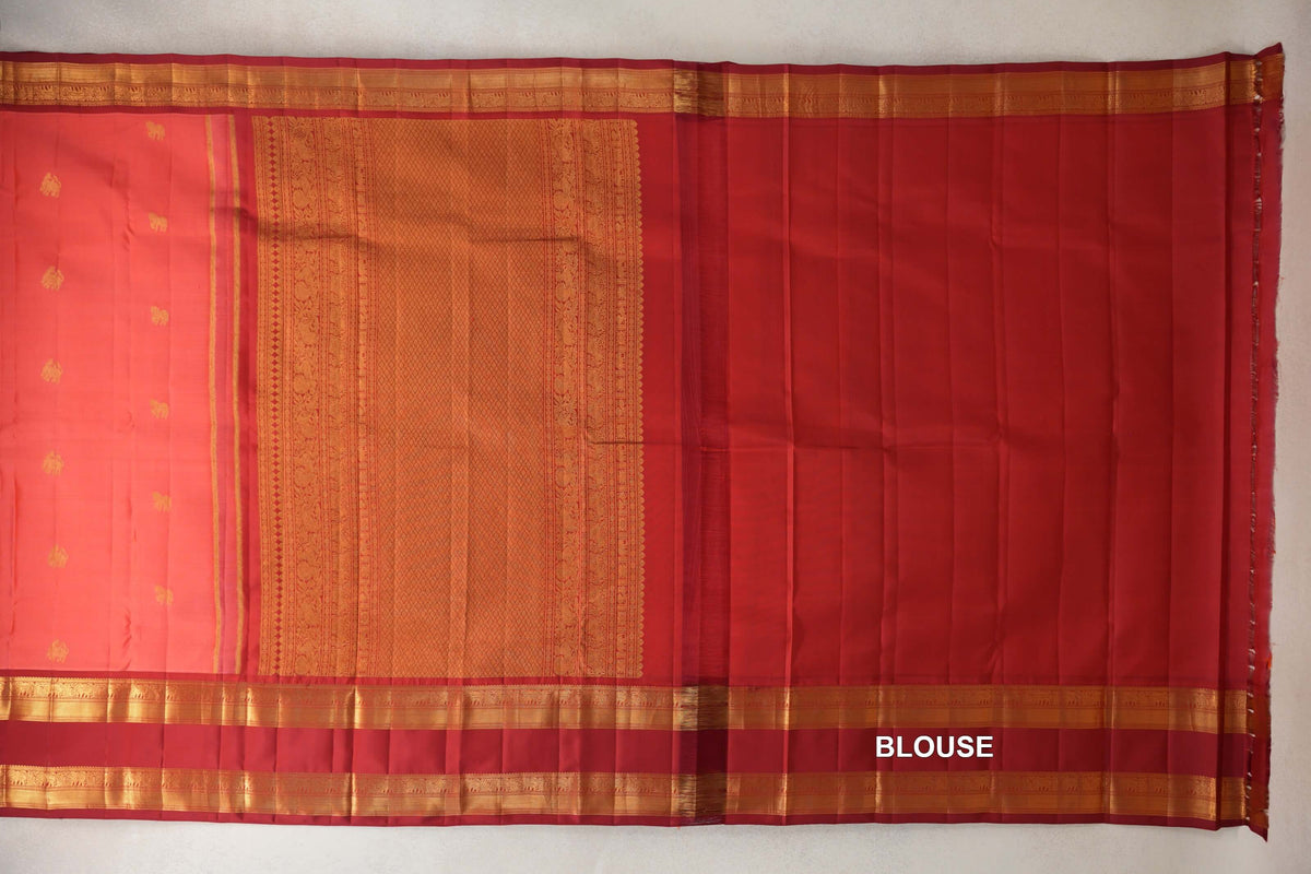 Peach Pink with Deep Red Rettai Pettu Borders Light Weight Kanjivaram Silk Saree blouse